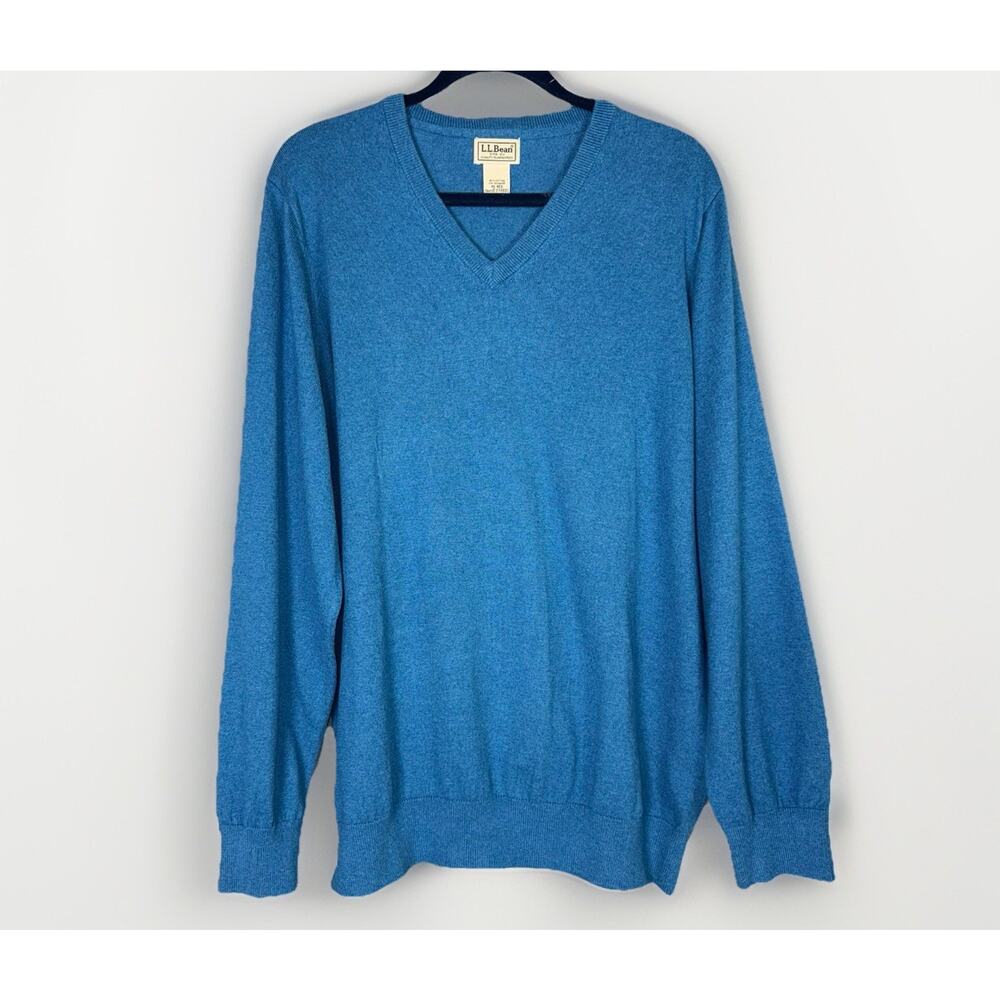 Vintage LL Bean XL Blue Cashmere Cotton Pullover V-Neck Sweater Long Sleeve Work